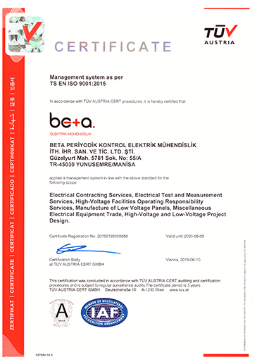 Beta Elektrik Mühendislik Kalite Belgelerimiz